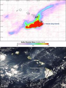 NASA satellite view of sulfur dioxide (top) and sulfate aerosol (bottom).
