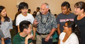 Chancellor Tom Apple and UH Manoa students at Campus Center.