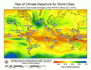 Map of Year of Climate Departure for World Cities