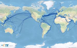 Global undersea communications cable infrastructure. (c) Tyco Electronics Subsea Communications LLC.