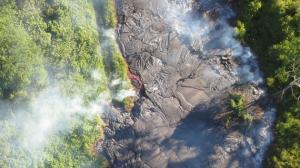 Aerial photo of advancing flow breakout heading towards Pahoa, Hawaii.