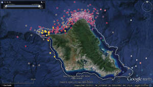 Satellite detections of tiger sharks off Oahu's North Shore; most occur within 600ft depth contour.